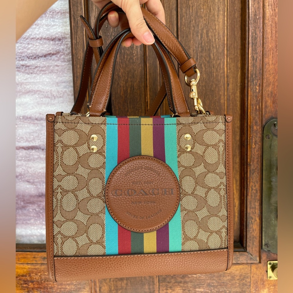 Coach Leather Dempsey Tote 22 in Signature Jacquard Stripes Cross Body Strap